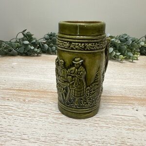 Vintage German Green Ceramic Stein with Embossed Figures
